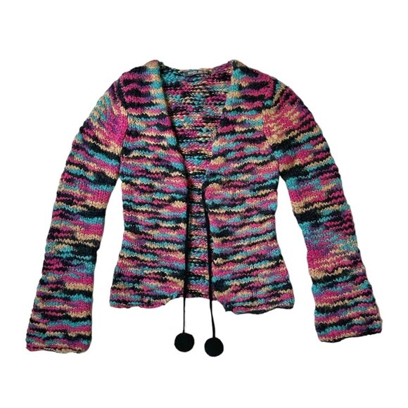 90s Vintage Rainbow Cardigan Chunky Tie Michele Bohbot Bisou Wool Blend Pompom. - Picture 4 of 6